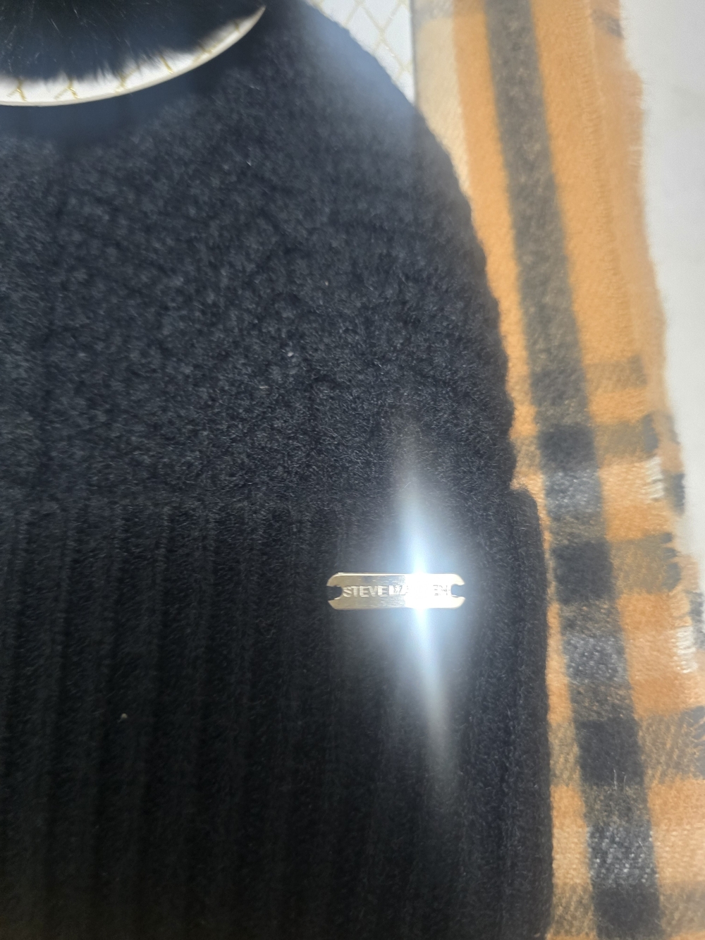 Steve Madden Black Pom Pom Beanie with Plaid Scarf - Picture 5 of 5